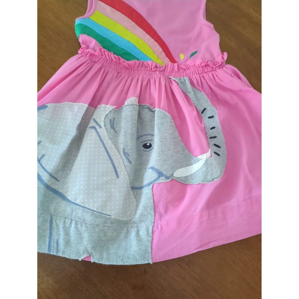 Mini boden girls sleeveless pink dress  rainbow / elephant applique; size 4/5